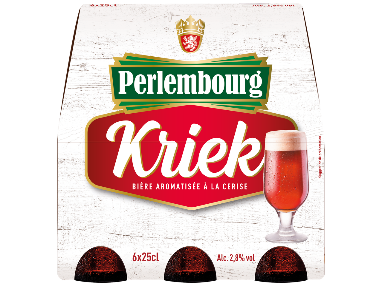 Pack de 6 bières Kriek aromatisées à la cerise, 2,8% vol, sur fond bois blanc.