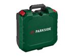 Green and black tool case with red clasps and a black handle, featuring a textured surface.