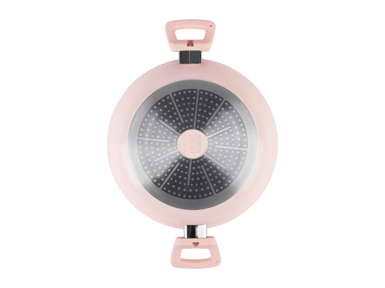 Pink frying pan with two handles, bottom view