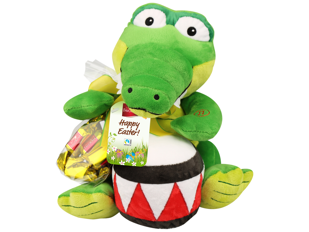 Favorina plüüsist krokodill trummi ja šokolaadikotiga, sildiga 'Happy Easter!'.