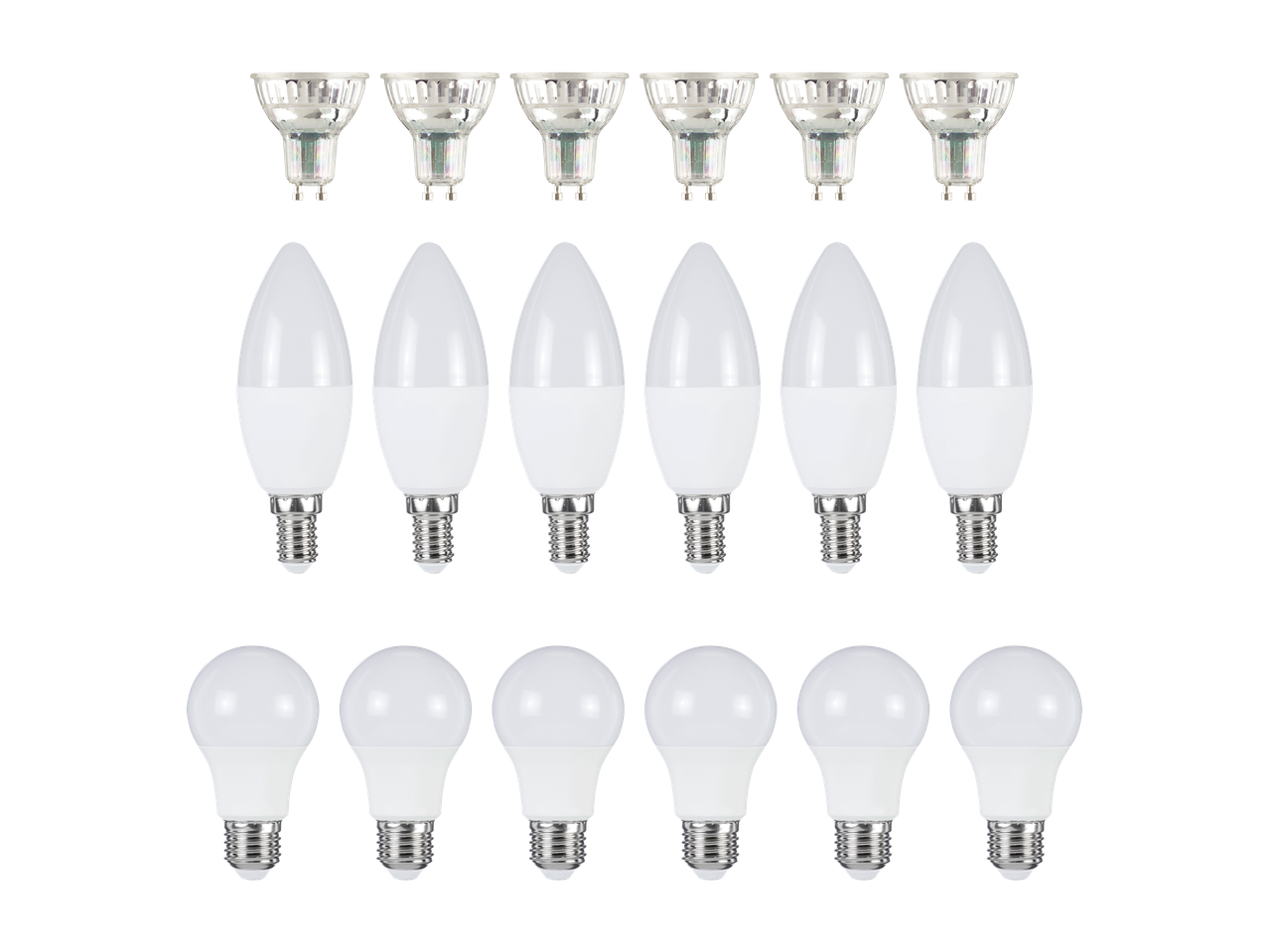 Različne LED žarnice, vključno z reflektorskimi, svečastimi in standardnimi žarnicami.