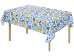 Tablecloth with lemon and blue and white pattern.