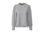 Ein hellgrauer Damen-Sweatshirt mit Puffärmeln und dem Aufdruck 'Stay Positive'.