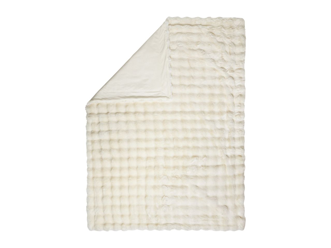 Soft cream-colored faux fur blanket with a textured grid pattern and smooth backing