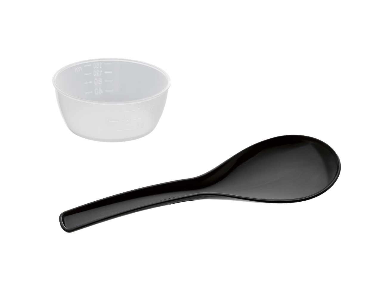 SILVERCREST® riisipliidi tarvikud: mõõtetops ja serveerimislusikas.