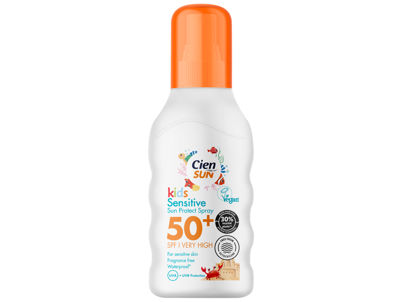 Cien Sun Kids Sensitive SPF 50+ zonnebrandspray, vegan, voor gevoelige huid.