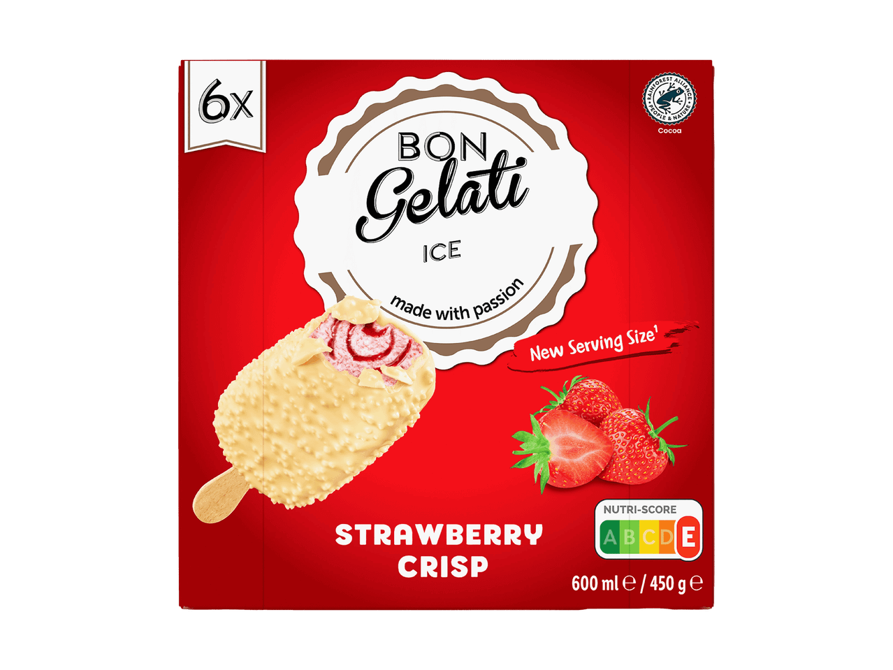 Packung mit 6 Erdbeer-Crisp-Eis am Stiel, 600 ml / 450 g, Nutri-Score E.