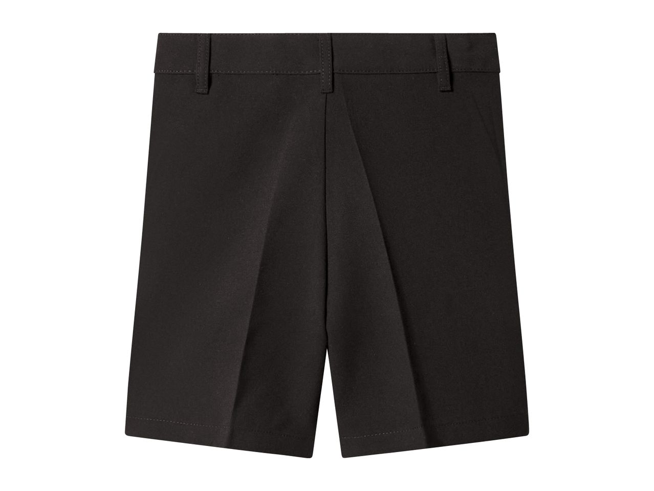 Black shorts with belt loops and pleats, suitable for school or formal wear.