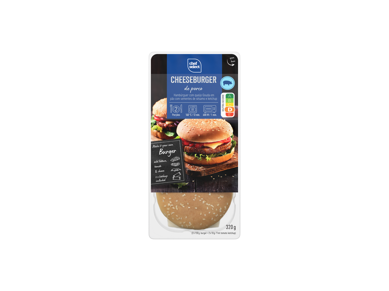 Chef Select cheeseburgers de porco: 2 hambúrgueres Gouda com sementes de sésamo e ketchup.