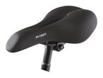 A black Crivit bicycle saddle is mounted on a black seatpost.
