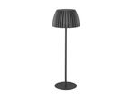 Mørkegrå gulvlampe med plisseret lampeskærm og rund base.