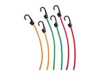 Assorted bungee cords with hooks in various colors.
