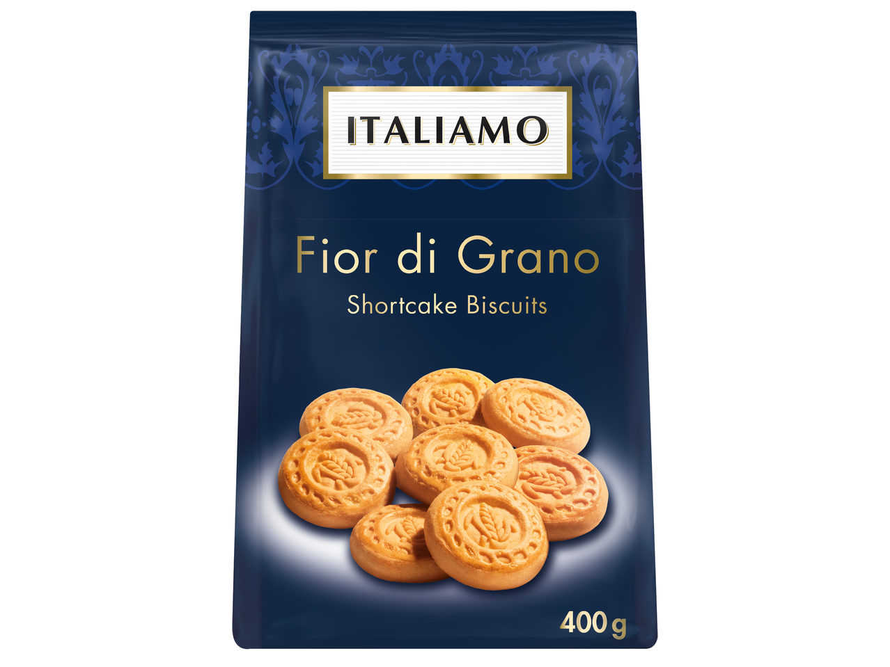 Тъмносиня опаковка с бисквити с късо тесто, надписани 'Fior di Grano Shortcake Biscuits' и 400g.
