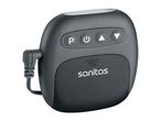 Dark grey portable electronic device with control buttons and a white logo.