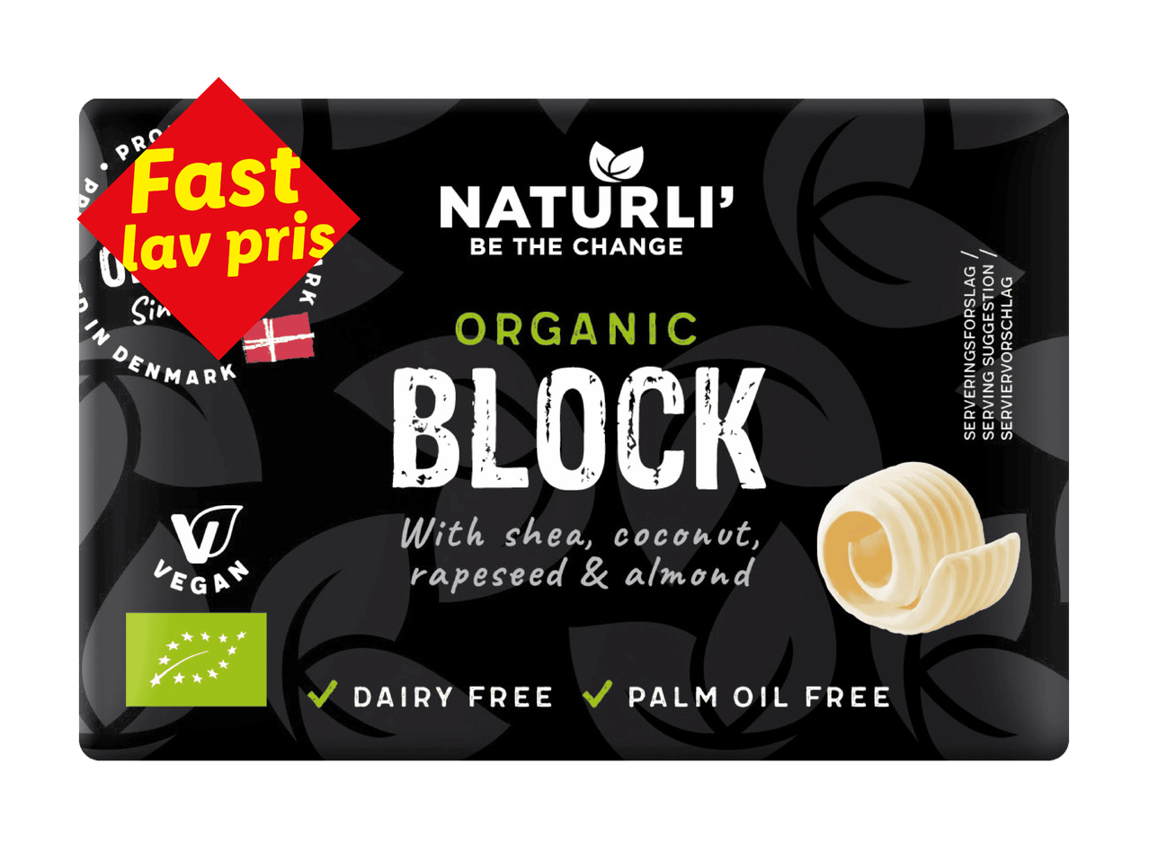 Økologisk plantebaseret blok med shea, kokos, raps og mandel, mælkefri og palmeoliefri.