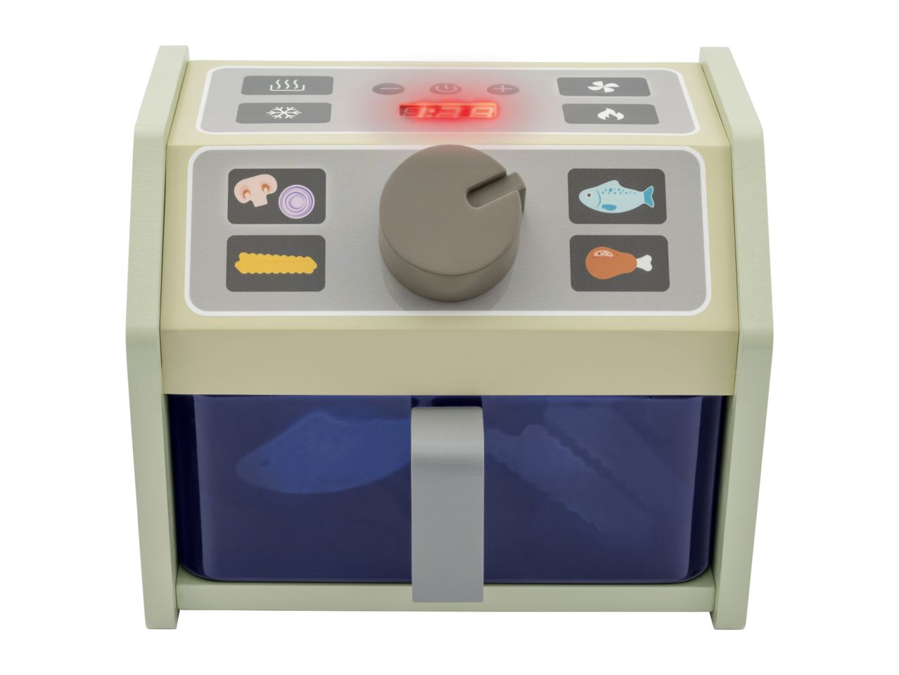 Toy air fryer with digital display, control knob, and food icons like mushrooms, fish, and chicken.