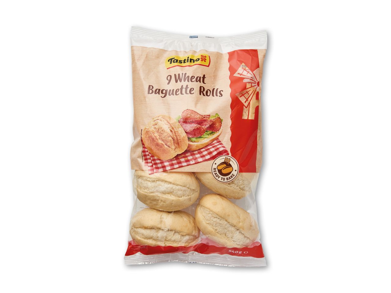 Pakke med 9 hvede baguetteboller, klar til at bage, med billede af en sandwich.