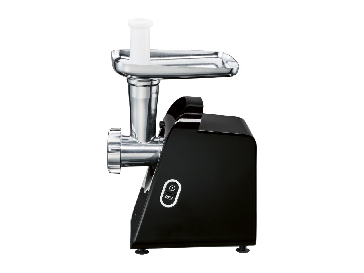 Black electric meat grinder with a silver tray and white food pusher, viewed from the side.