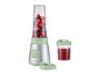 Blender with berries and a separate cup of smoothie, light green and silver design.