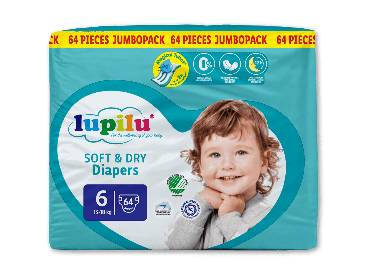 Jumbopack med 64 bløde og tørre bleer, størrelse 6 (13-18 kg), med op til 12 timers beskyttelse.