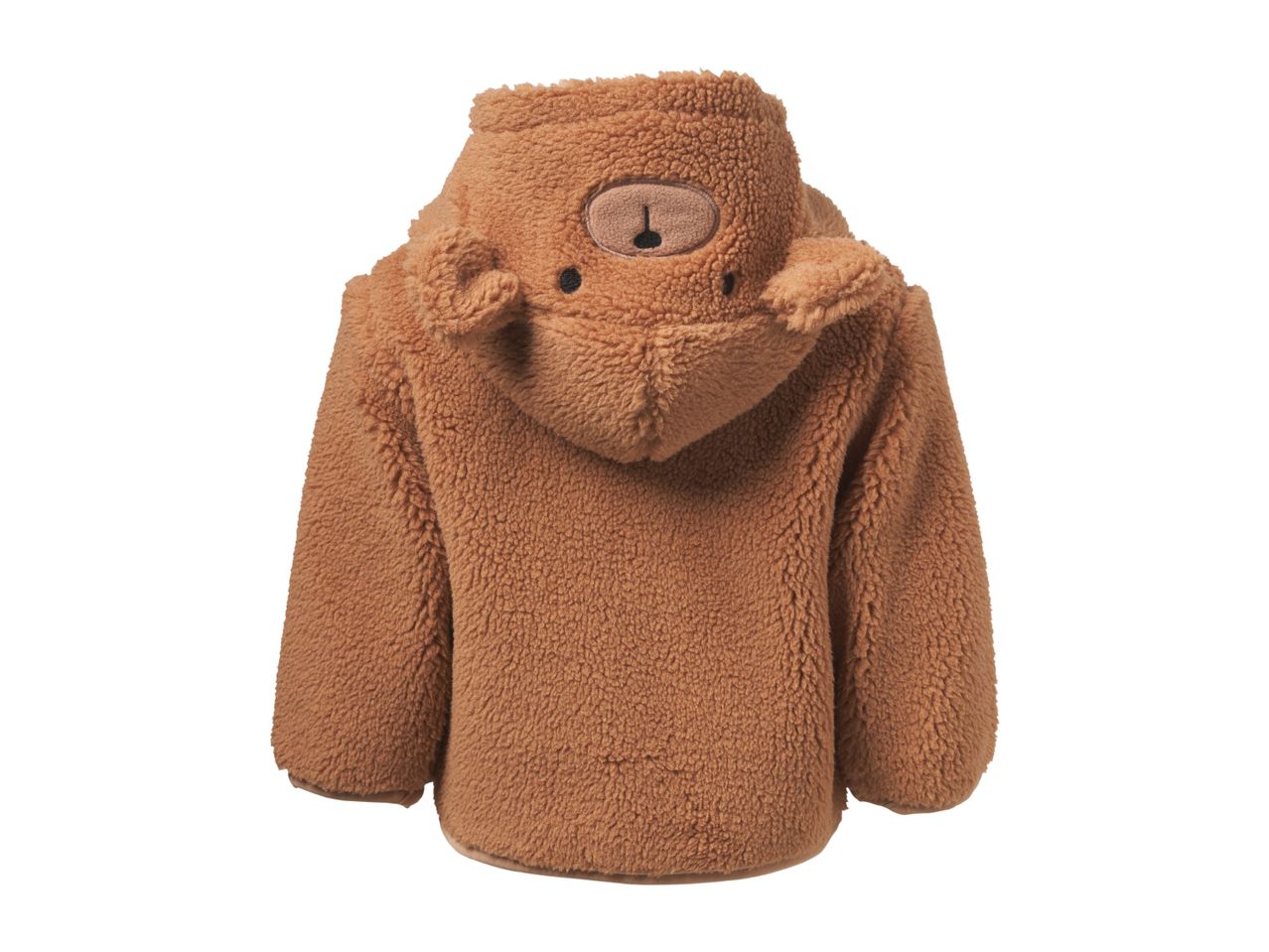Brown teddy bear hooded fleece jacket for children, seen from the back.