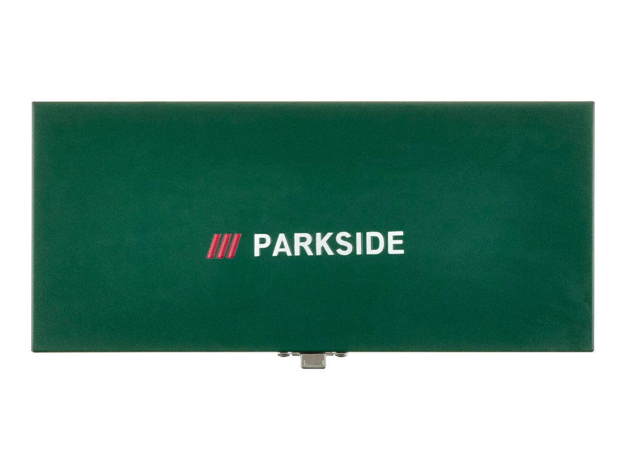 Green rectangular box with a silver clasp, featuring a white logo with red stripes.