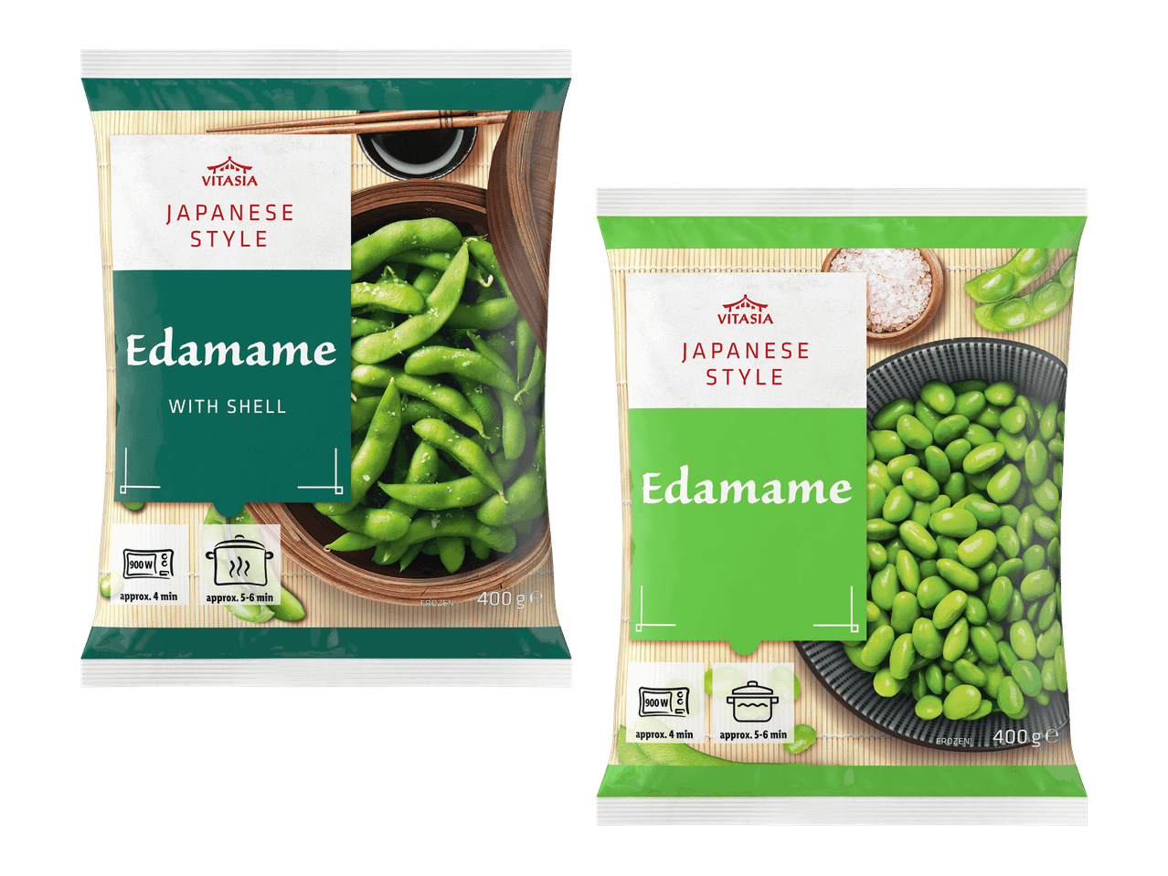 Kaksi pakkausta pakastettuja edamame-papuja: kuorellisia ja kuorittuja.