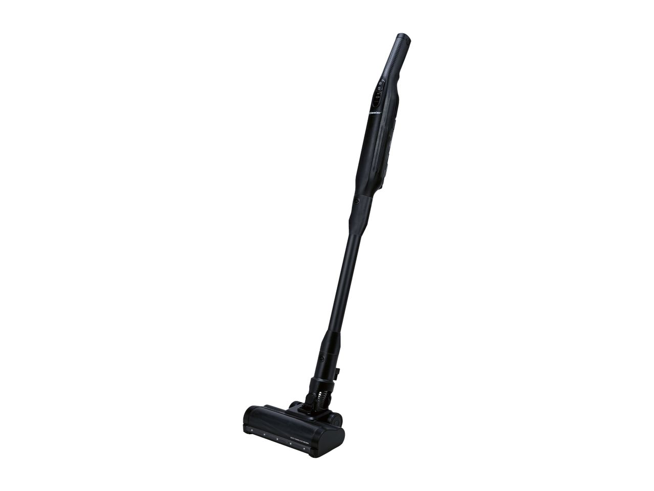 Sleek black cordless stick vacuum cleaner standing upright against a white background