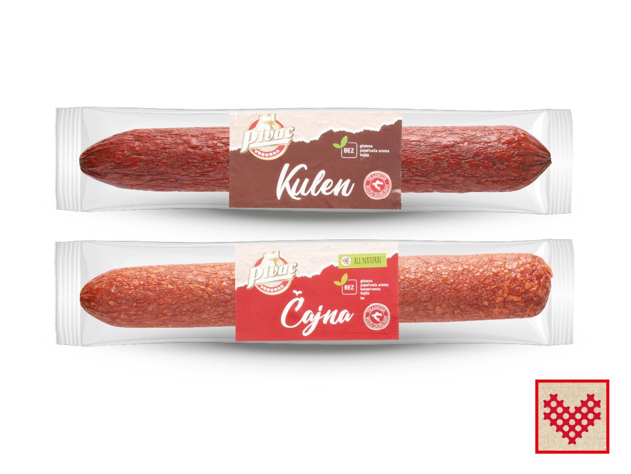 Dvije kobasice, Kulen i Čvarci, pakirane u prozirnu foliju.