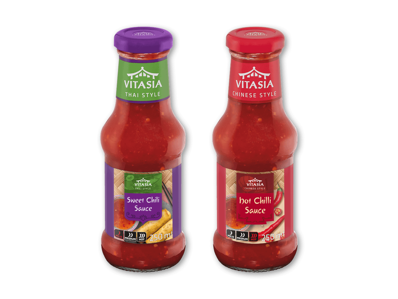 To flasker chili sauce: en sød chili sauce i thailandsk stil og en stærk chili sauce i kinesisk stil.