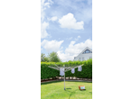 Rotary clothesline with laundry drying in a sunny garden with a house in the background.