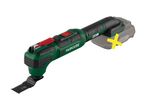 A Parkside X20V Team multi-tool with a blade attached and battery pack, with a cross on it to indicate that it is not included.