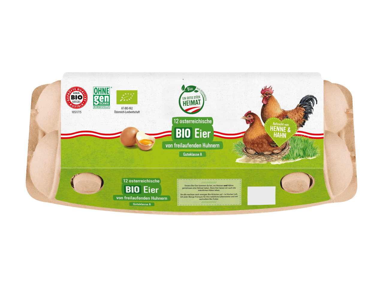 12 österreichische Bio-Eier von freilaufenden Hühnern in einer Pappeverpackung.