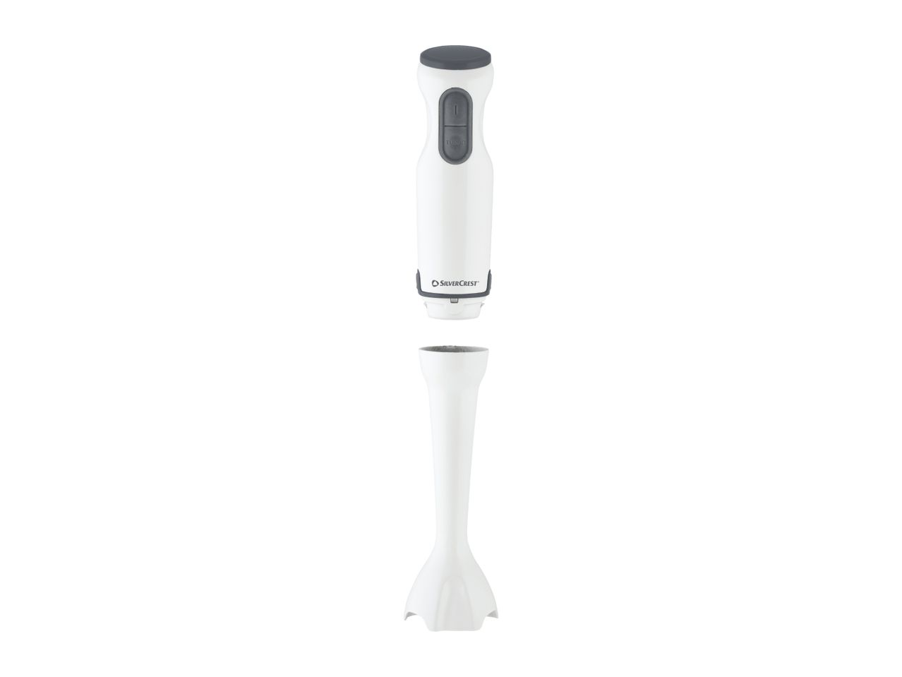 White and grey immersion blender, separated into two parts, on a white background.