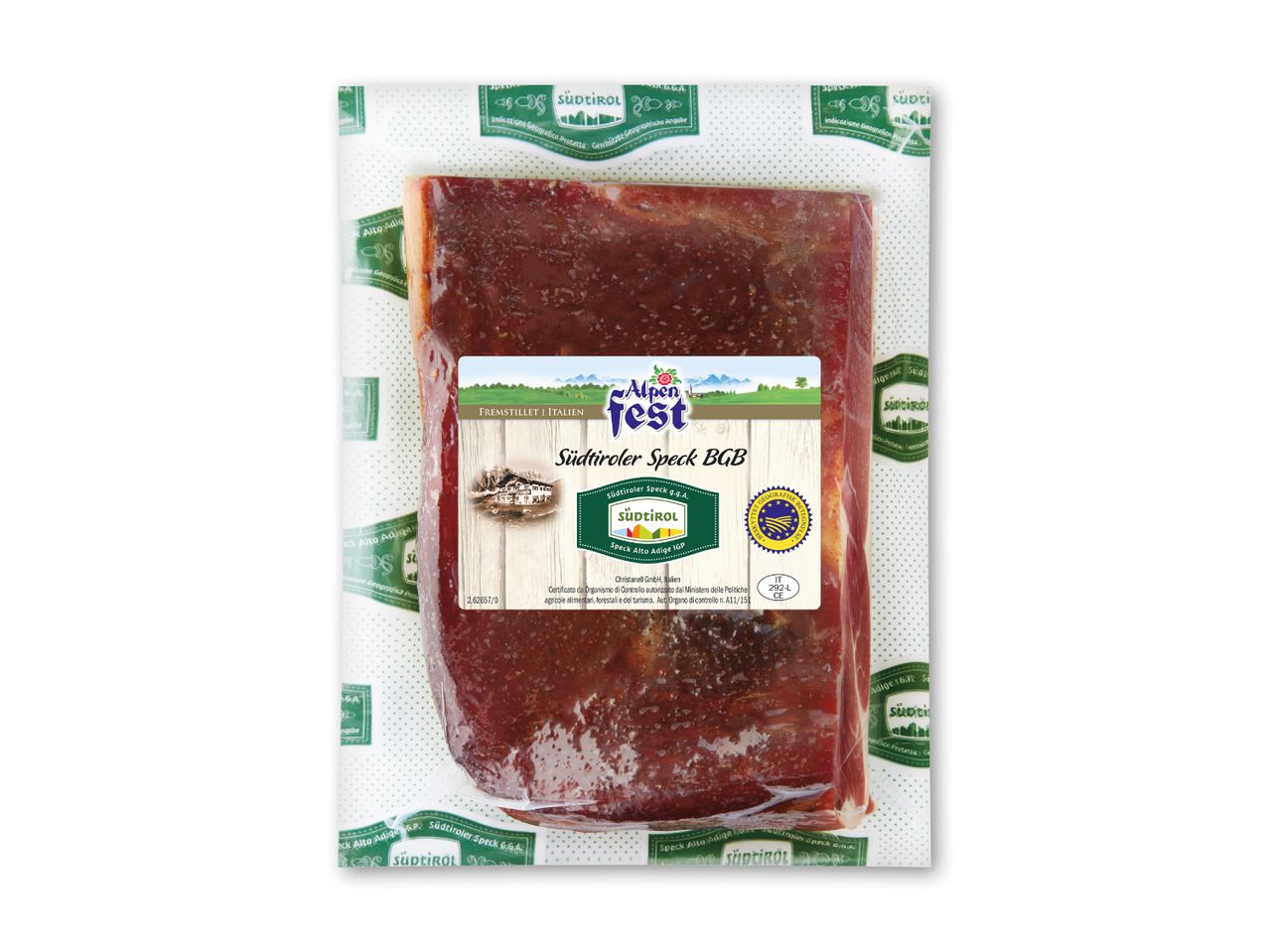 Vakuumforseglet pakke med Südtiroler Speck BGB, en beskyttet geografisk betegnelse skinke fra Italien.