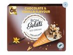 6 Bon Gelati chocolate and vanilla ice cream cones.