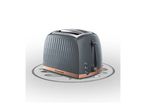 Grey toaster with a geometric pattern and rose gold accents on a light background.
