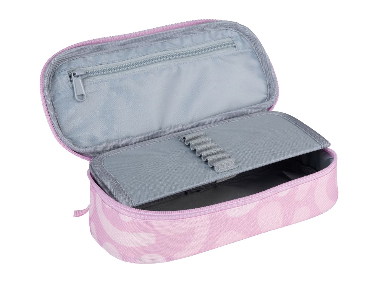 A pink pencil case with a grey interior and multiple compartments is open, showcasing its organizational features.