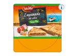 Tuna pie with tomatoes and onions, with a boat on the sea in the background. Text: Empanada de atún, Tuna Pie, 450g, Chilled.