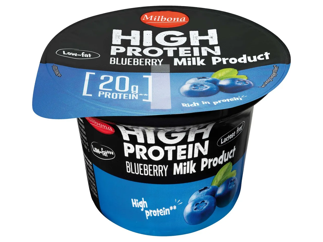 Milbona joghurt: magas fehérjetartalmú, áfonya.