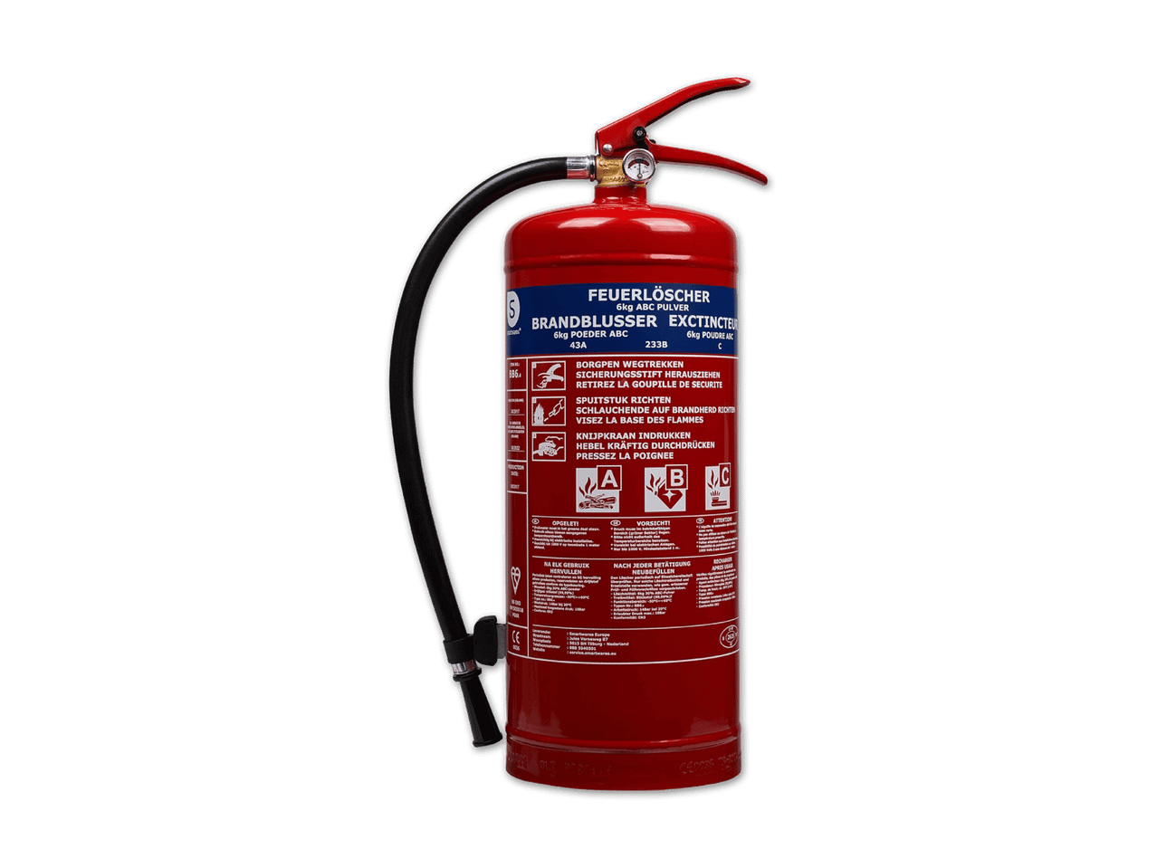 Roter Feuerlöscher mit schwarzem Schlauch und Manometer, 6kg ABC Pulver.