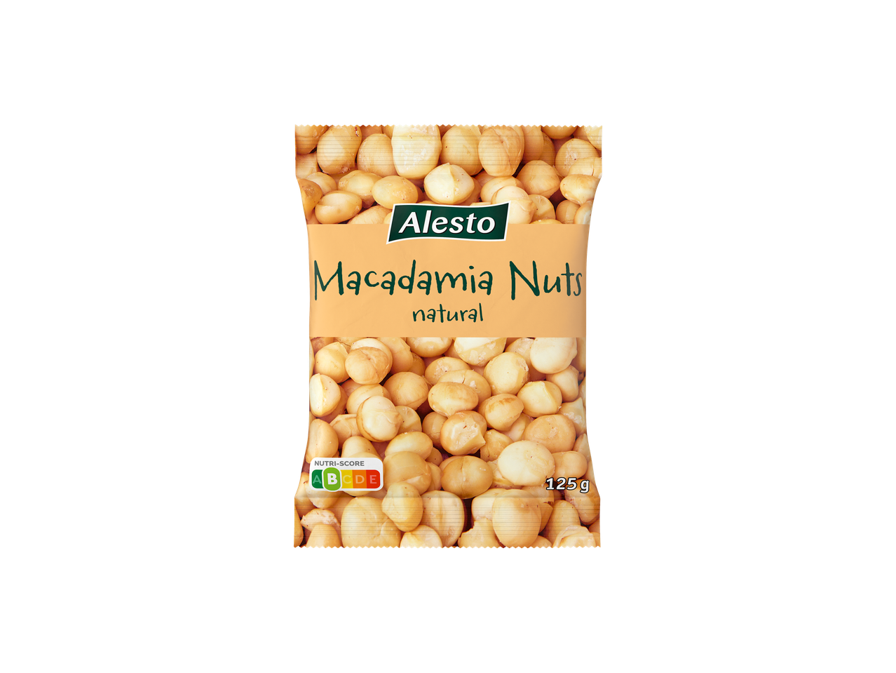 Alesto makadamija oreščki, naravni, 125 g pakiranje z oznako Nutri-Score A
