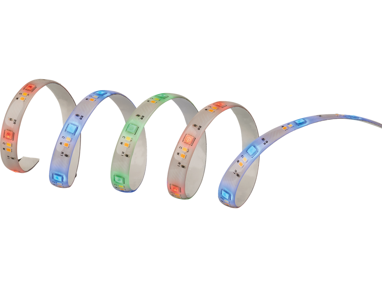 Umotana LED traka koja prikazuje različite boje na crnoj pozadini.