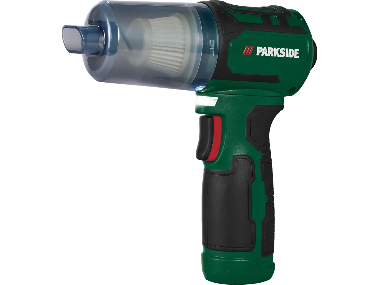 Parkside 12V Cordless Mini Blower and Duster, green and black with a clear dust collector.