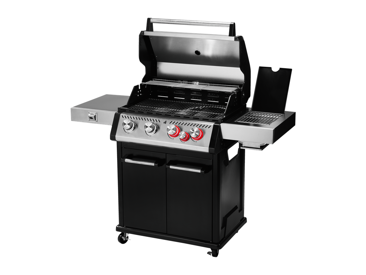 Grillmeister 4 Burner Gas Barbecue, black and silver, with open lid and side burner