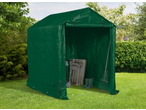 Green garden storage tent with garden tools and folding chairs inside on a lawn.