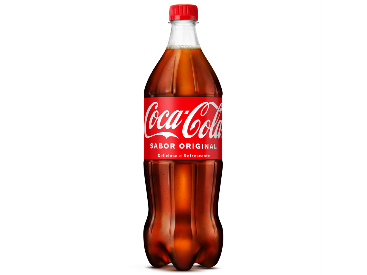 Uma garrafa de Coca-Cola com rótulo vermelho e o texto 'SABOR ORIGINAL'.