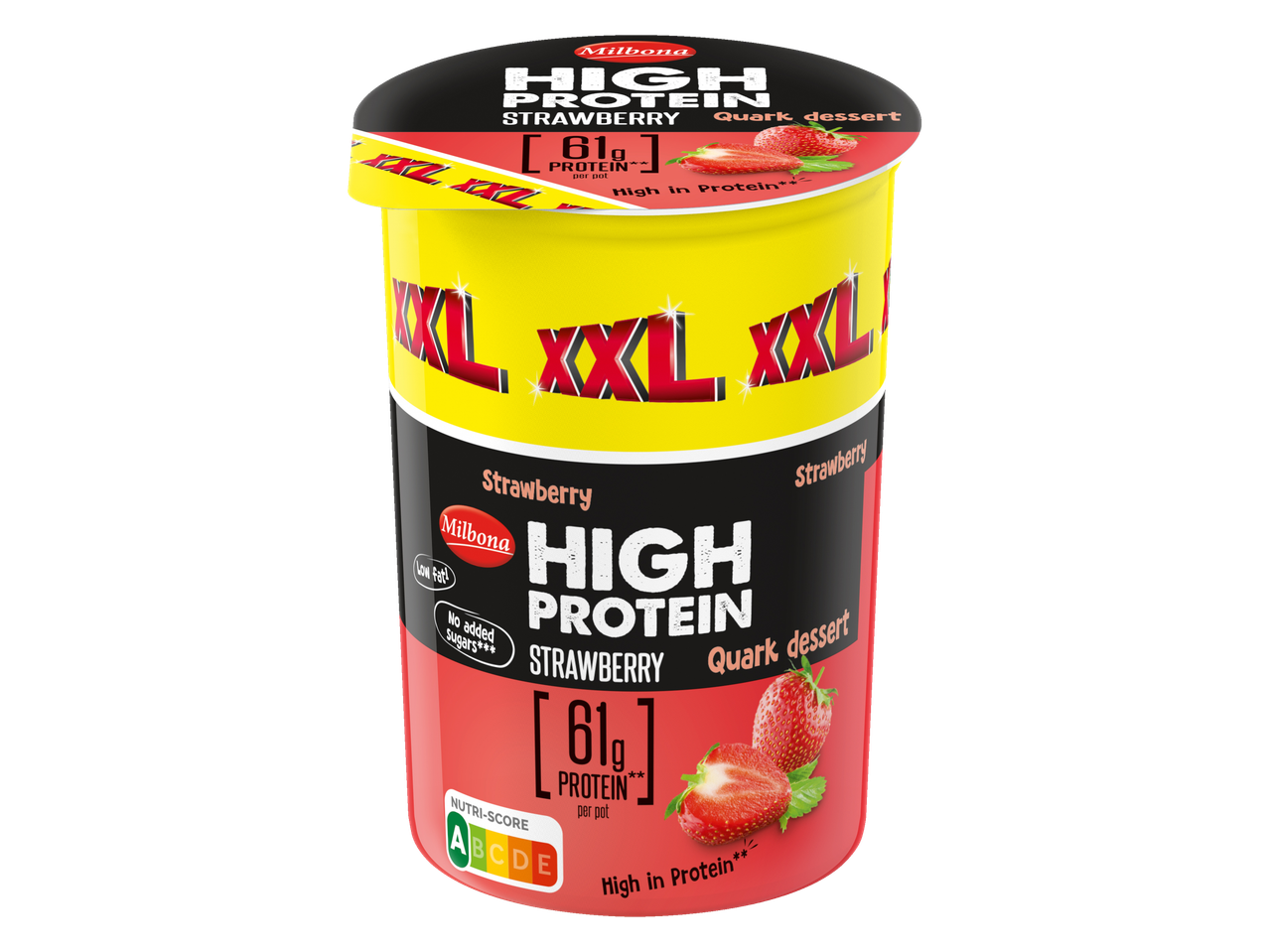 Pote de sobremesa Milbona High Protein de morango com marca XXL.