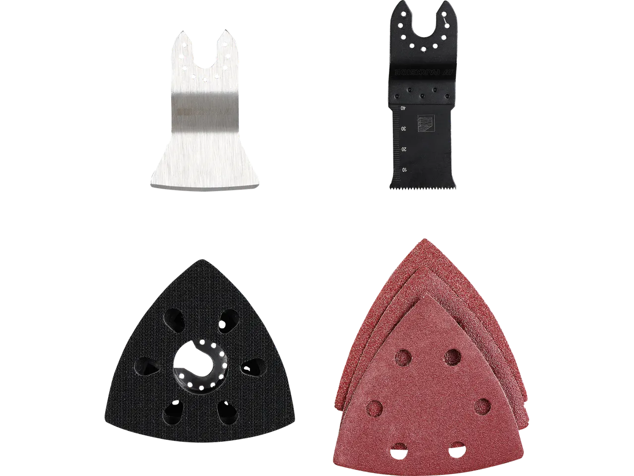 Multiszerszám tartozékkészlet: fűrészlapok és csiszolópapírok.