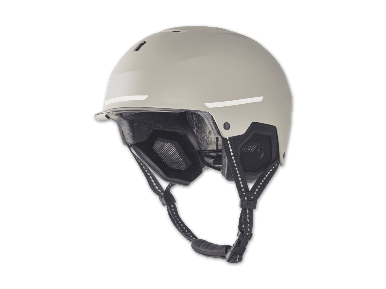 Ein beiger Snowboardhelm mit schwarzen Riemen und reflektierenden Streifen.